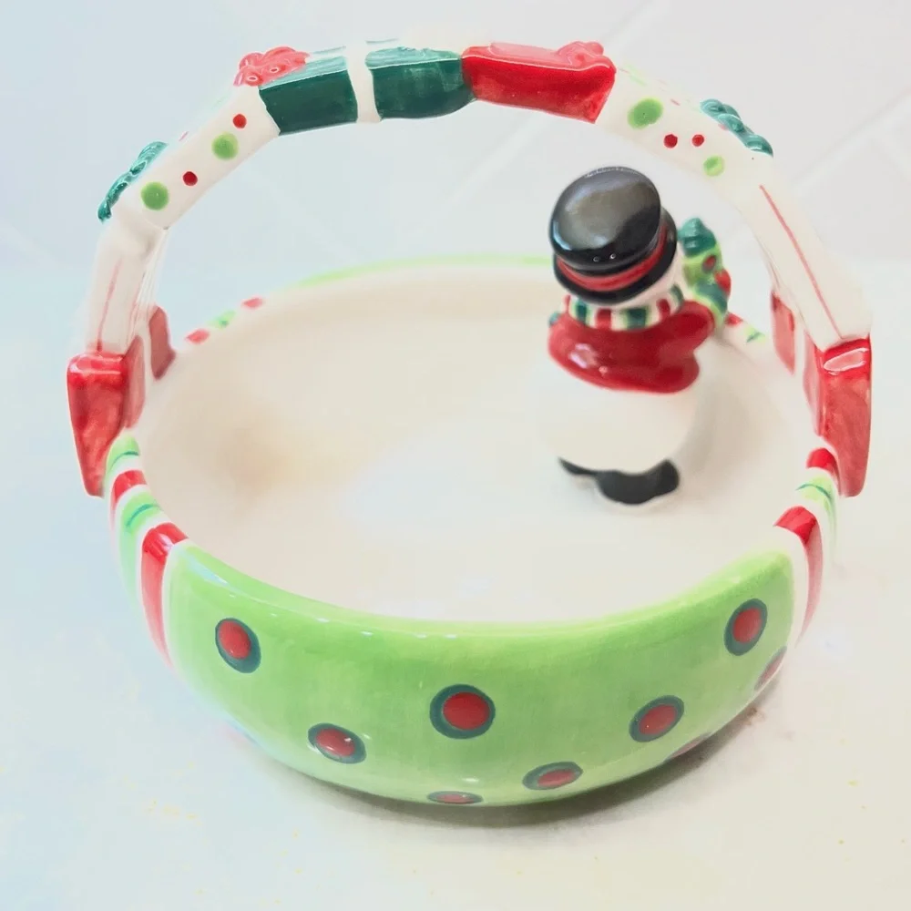 Fitz & Floyd Essentials Merry Christmas Snowman Presents Basket Candy Dish Bowl